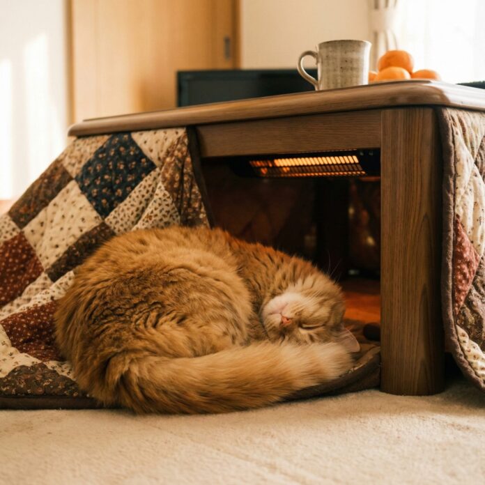 따뜻한 전기장판 위에서 몸을 웅크리고 자는 고양이, 고양이 겨울 나기와 보온 관리를 상징하는 이미지