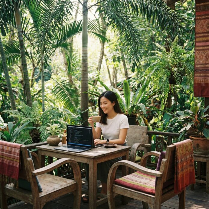 chiang-mai-digital-nomad-cafe-work 치앙마이 숲속 카페에서 노트북으로 일하는 모습, 디지털 노마드와 한 달 살기 여행을 상징하는 이미지