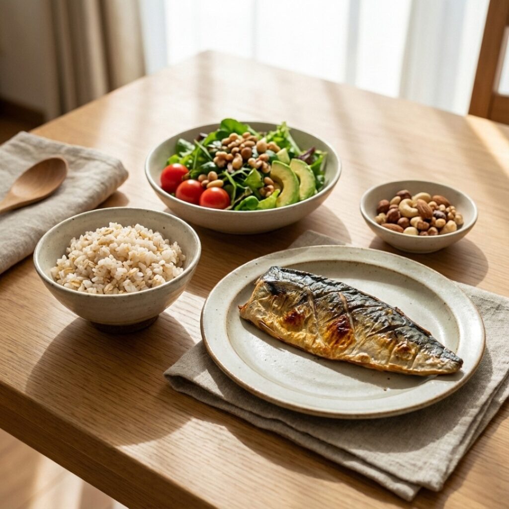 혈관 건강에 좋은 등푸른 생선, 귀리, 견과류가 정갈하게 차려진 건강 식단