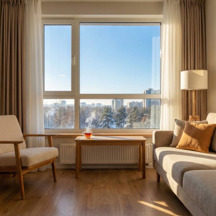 결로 없이 깨끗하고 투명한 겨울철 아파트 거실 창문과 햇살