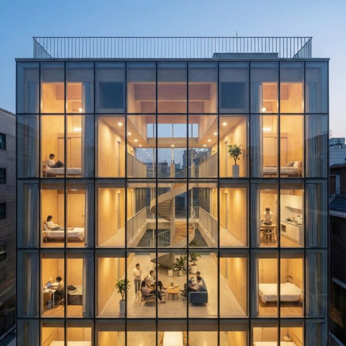 개인 공간과 공유 공간이 공존하는 코리빙 하우스의 단면도, 현대적 주거 트렌드를 상징하는 이미지