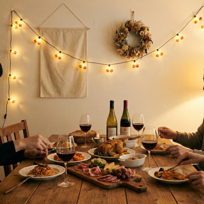앵두 전구 조명과 맛있는 음식이 차려진 아늑한 크리스마스 홈파티 테이블, 연말 파티 분위기를 상징하는 이미지
