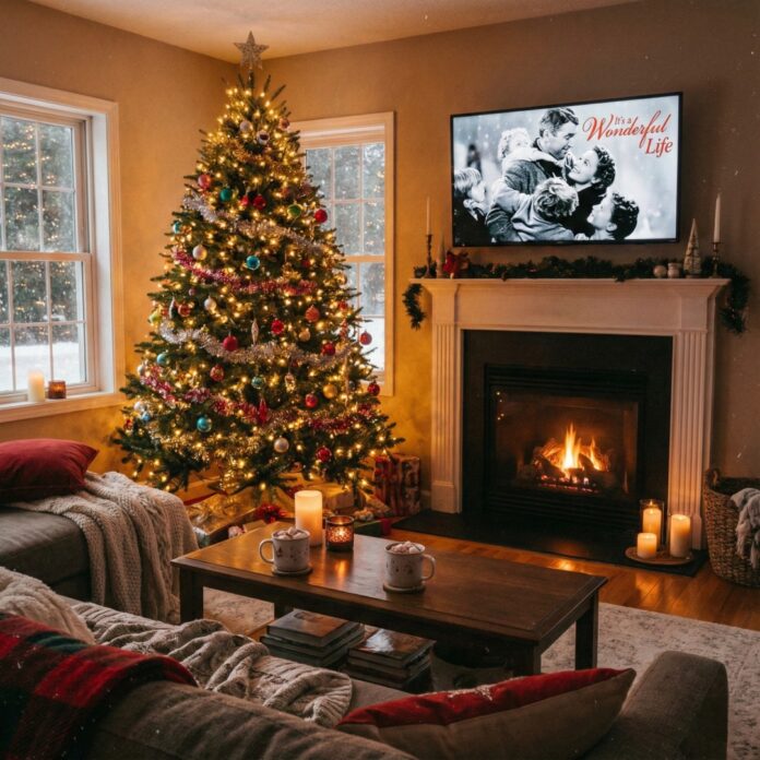 크리스마스 트리가 있는 아늑한 거실에서 TV로 영화를 보는 모습, 연말 홈파티와 OTT 영화 감상을 상징하는 이미지