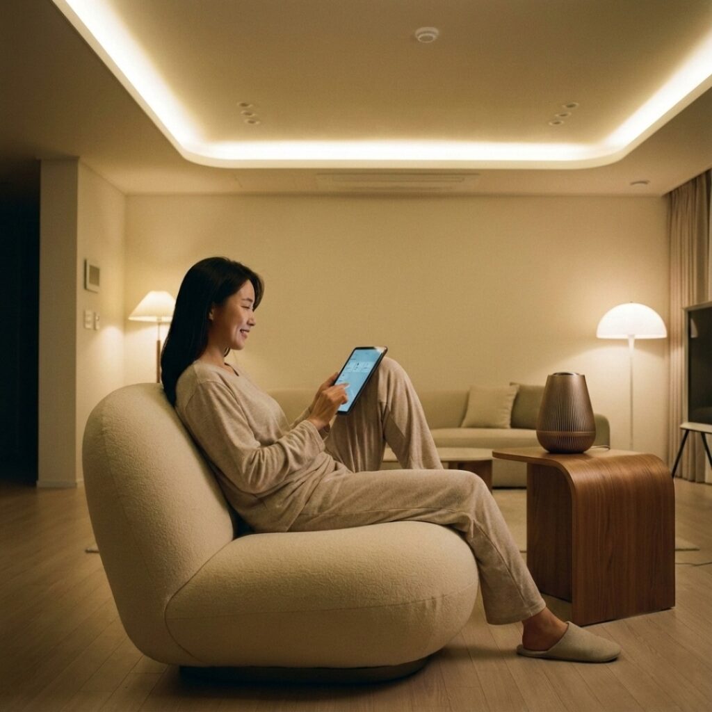 둥근 곡선형 소파와 자연스럽게 어우러진 스마트 가전이 있는 세련된 휴식 공간