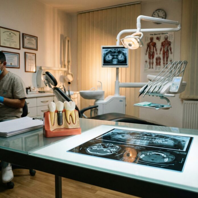 치과 임플란트 모형과 진료 도구, 치아 건강과 수술 비용을 상징하는 이미지