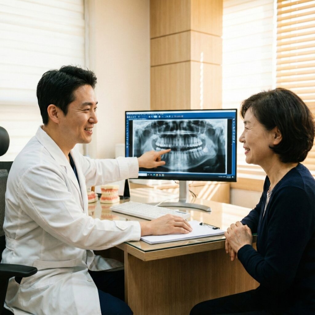 치과 의사와 상담하는 환자, 임플란트 수술 전 진단과 신뢰를 상징