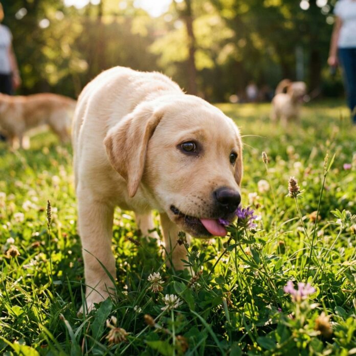 공원에서 호기심 어린 표정으로 풀 냄새를 맡고 있는 골든 리트리버 강아지, 강아지의 풀 섭취 행동을 상징하는 이미지