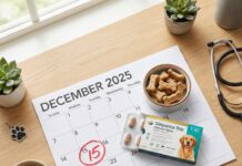 “겨울에도 먹여야 하나요?” 강아지 심장사상충 약, 수의사가 말하는 투약 주기와 부작용의 진실 달력에 표시된 투약 날짜와 심장사상충 약, 강아지 건강 관리를 위한 매달 예방 습관을 상징하는 이미지