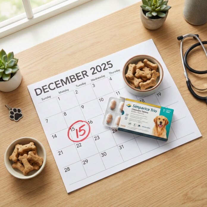 dog-heartworm-prevention-monthly-routine 달력에 표시된 투약 날짜와 심장사상충 약, 강아지 건강 관리를 위한 매달 예방 습관을 상징하는 이미지