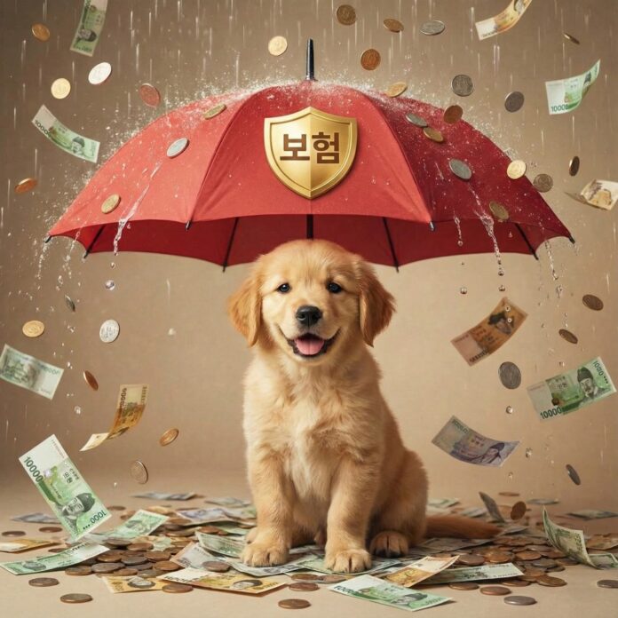 금전적 비를 막아주는 우산 쓴 강아지, 펫보험의 보호 기능과 병원비 대비를 상징하는 이미지