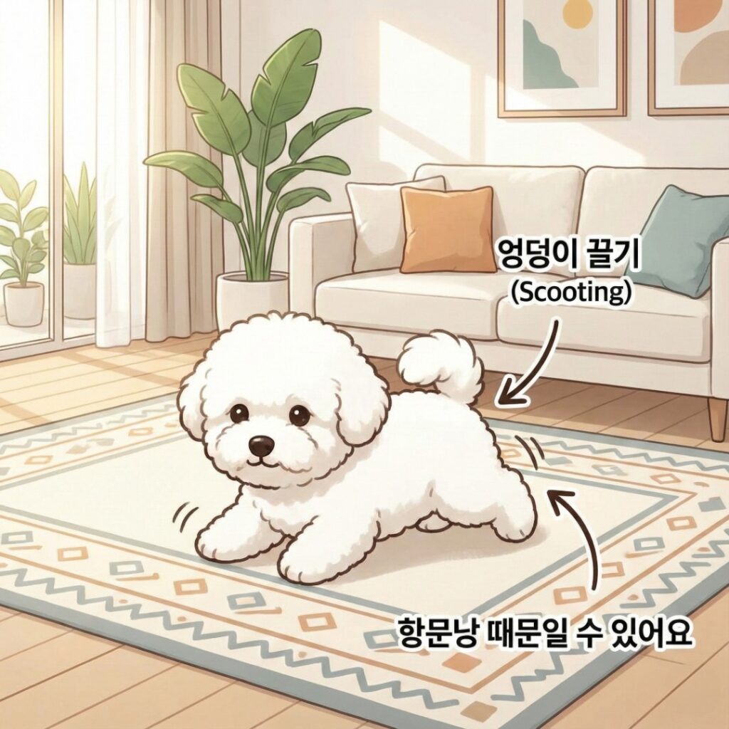 거실 카펫 위에서 엉덩이를 바닥에 끌며 똥스키를 타는 강아지 삽