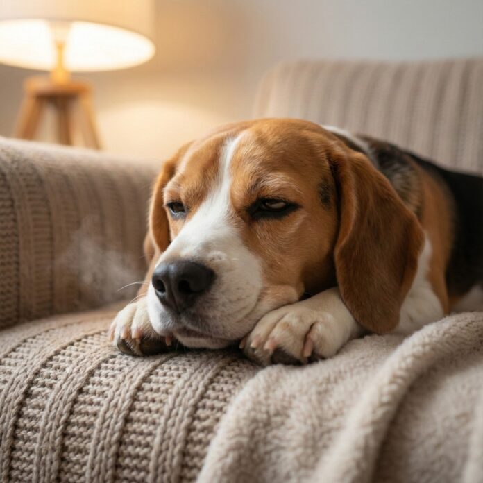 소파에 턱을 괴고 편안하게 엎드려 한숨 쉬는 비글 강아지, 강아지의 감정 표현과 휴식을 상징하는 이미지