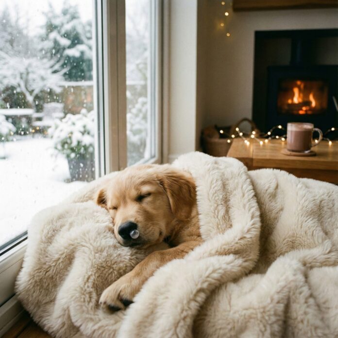 겨울철 따뜻한 담요 속에서 깊이 잠든 강아지, 반려견의 겨울철 수면 증가와 휴식을 상징하는 이미지