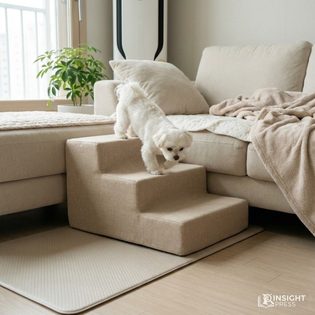 소파 옆에 설치된 강아지 전용 계단을 이용해 안전하게 내려오는 작은 하얀색 말티즈