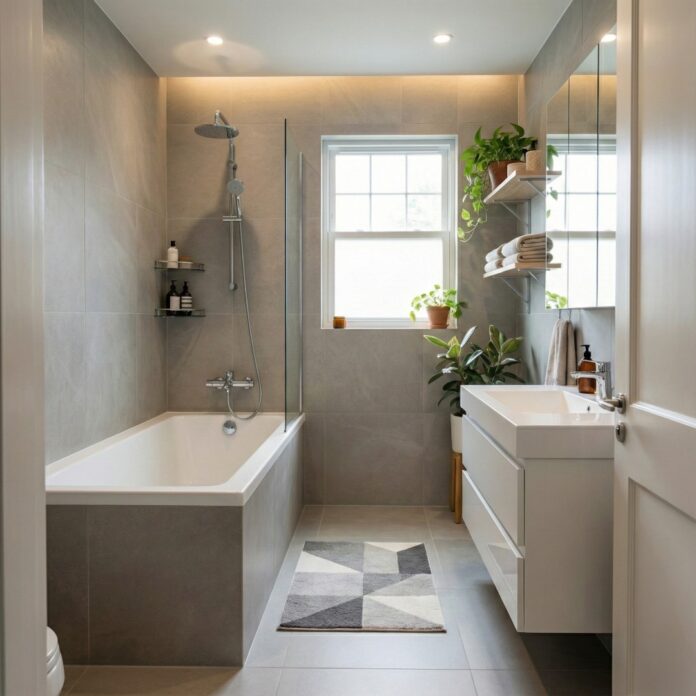 샤워 파티션으로 분리된 공간과 바닥에 러그가 깔린 쾌적한 욕실 모습, 건식 욕실 인테리어와 위생 관리를 상징하는 이미지