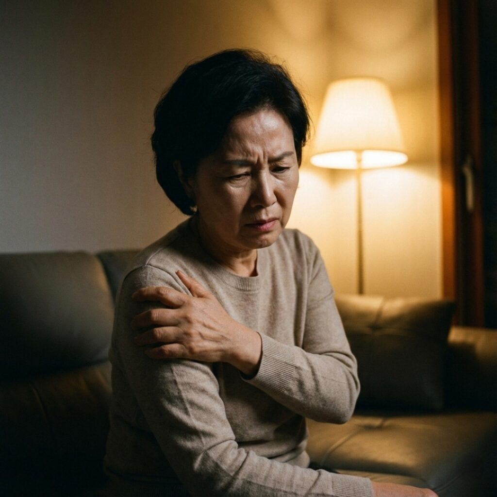 거실에서 팔의 통증 부위를 조심스럽게 살피며 걱정스러운 표정을 짓고 있는 60대 한국인 여성