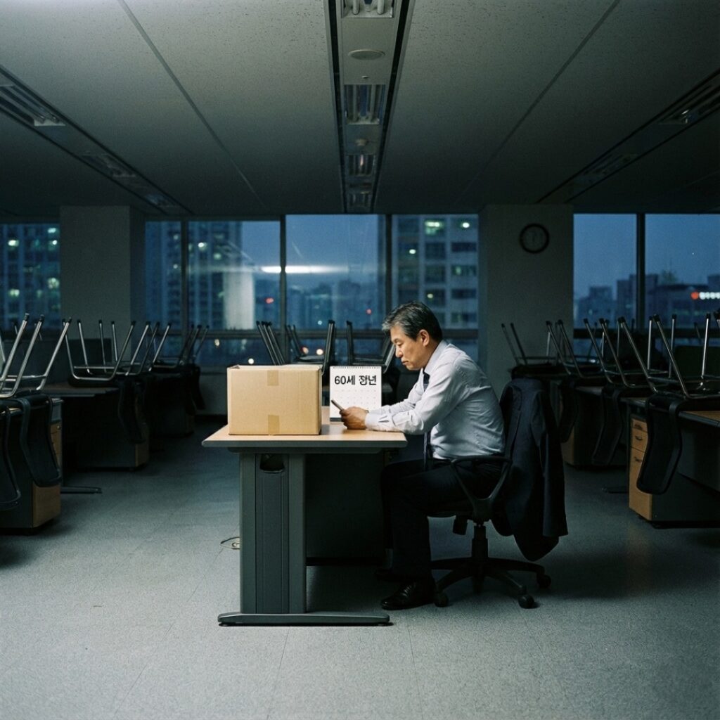 텅 빈 사무실에 남은 중장년층, 소득 크레바스와 은퇴의 현실을 상징