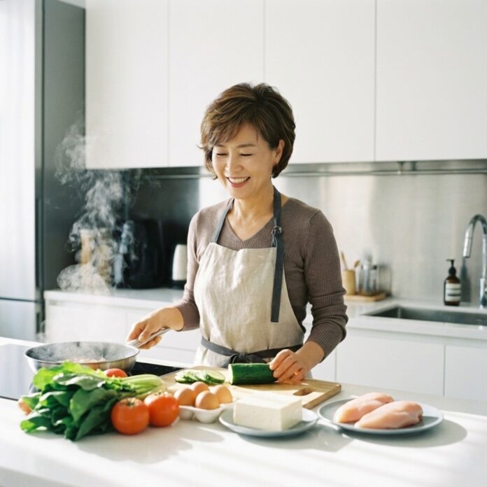 건강한 미소를 지으며 단백질이 풍부한 식재료로 요리를 준비하는 활기찬 50대 한국인 여성