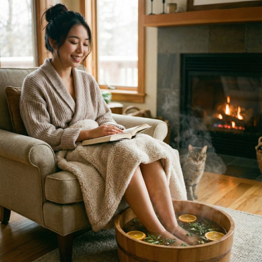따뜻한 물에 발을 담그고 족욕을 하는 모습, 혈액 순환 개선과 수족냉증 치료법을 상징하는 이미지