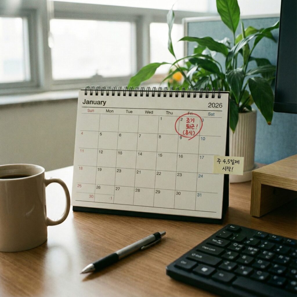 금요일 오후 휴식이 표시된 달력, 주 4.5일제 도입과 워라밸 확산을 상징하는 이미지