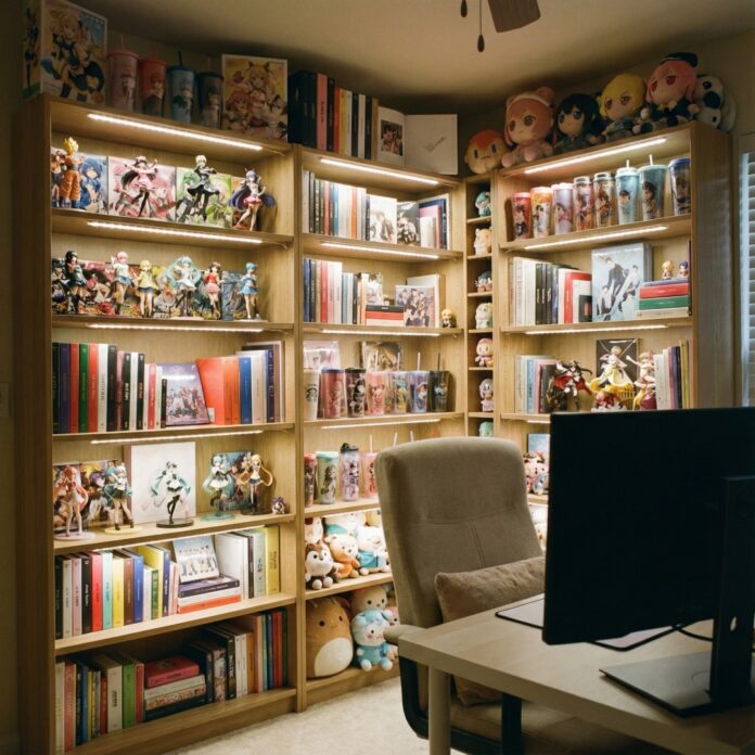 선반에 예쁘게 진열된 다양한 캐릭터 굿즈와 텀블러 컬렉션, 굿즈 수집 취미와 디깅 소비를 상징하는 이미지