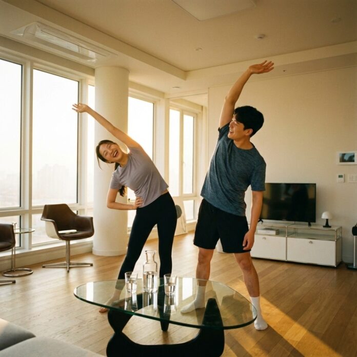 2026년 새해를 앞두고 숙취 없는 상쾌한 아침을 맞이하며 웃고 있는 한국인 남녀