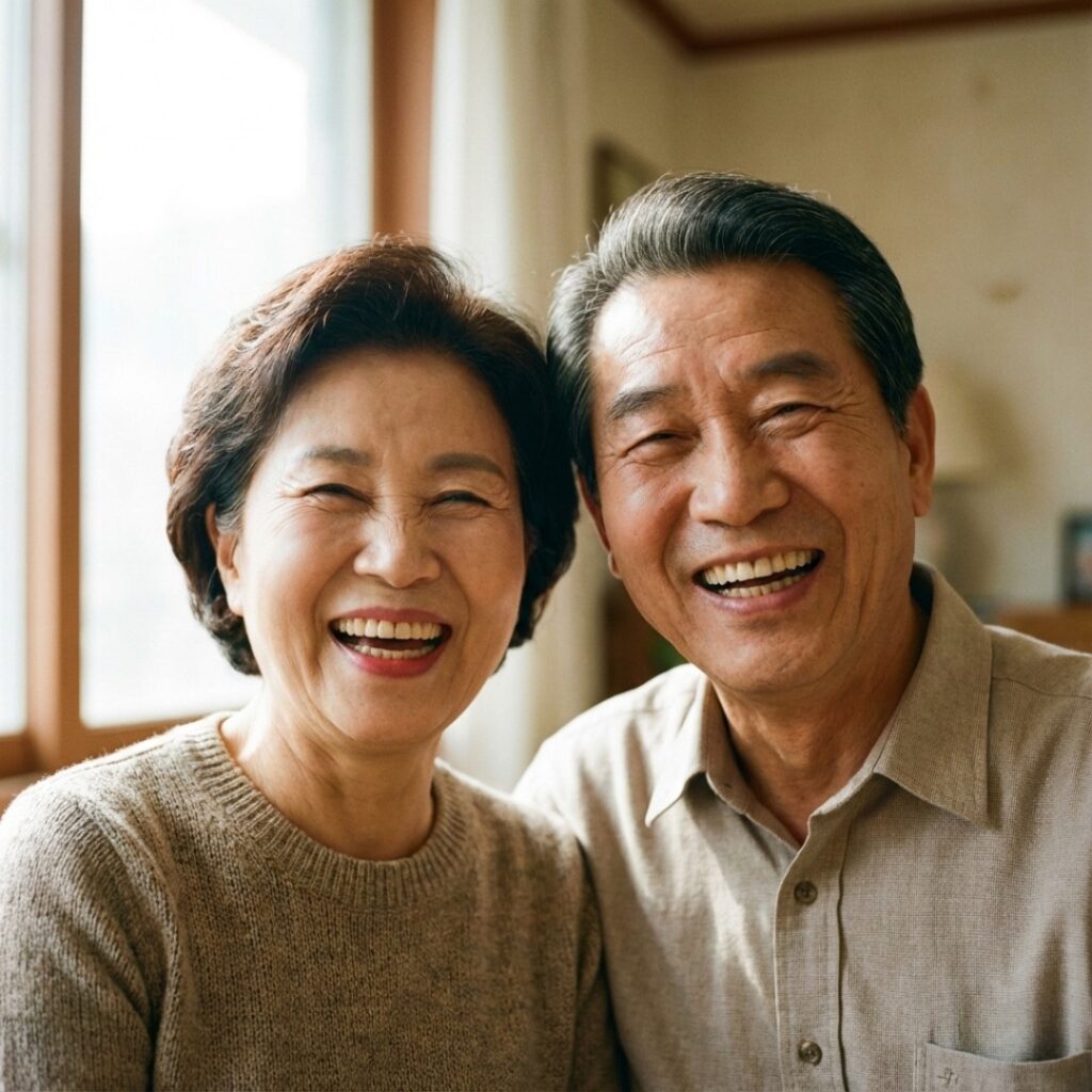 밝게 웃고 있는 한국인 노부부