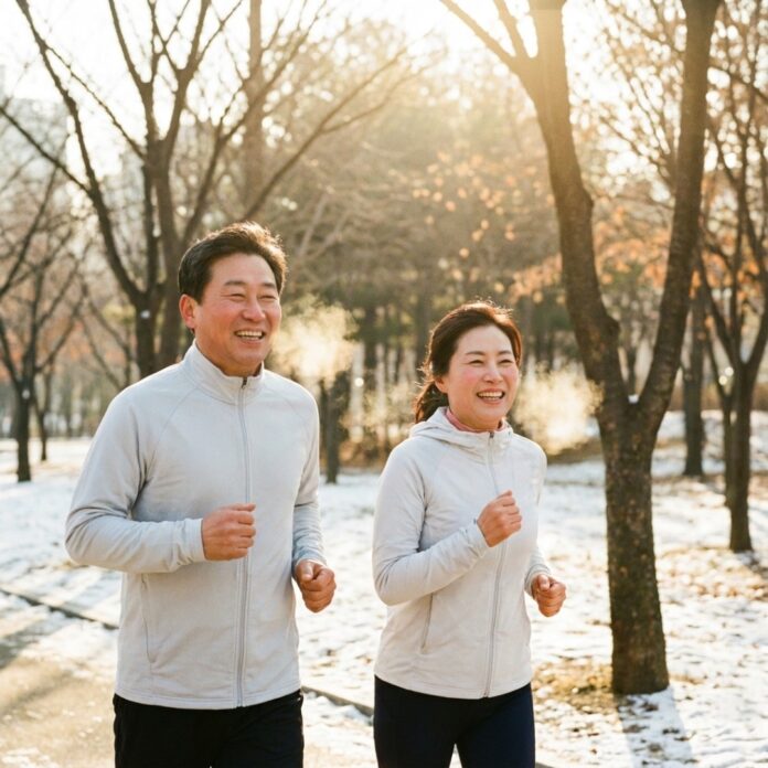 건강한 혈관 관리를 위해 공원에서 가볍게 조깅하며 웃고 있는 한국인 중년 부부
