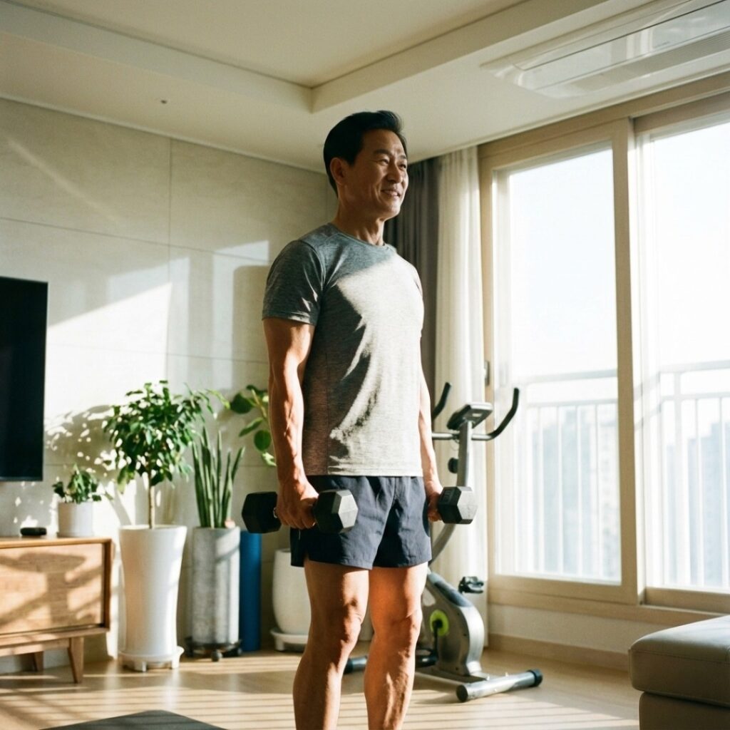 밝은 거실에서 가벼운 덤벨을 들고 근력 운동에 집중하고 있는 건강한 체격의 60대 한국인 남성