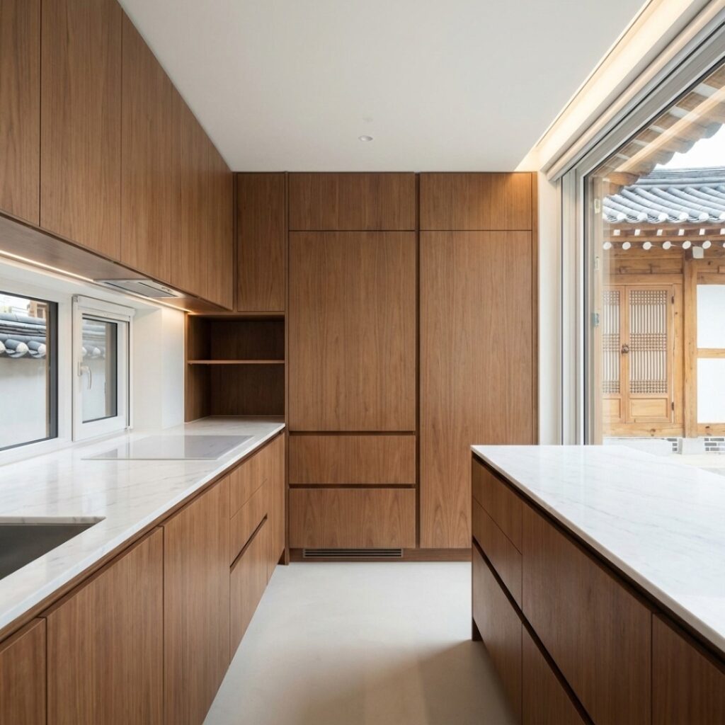 가구와 가전이 조화를 이루는 한국 아파트의 세련된 주방 빌트인 모습