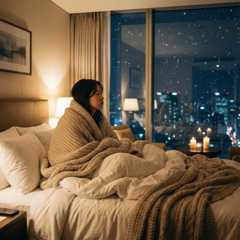 침대에서 휴식하는 모습, 2025년 여행 트렌드 허클 더클링과 힐링을 상징