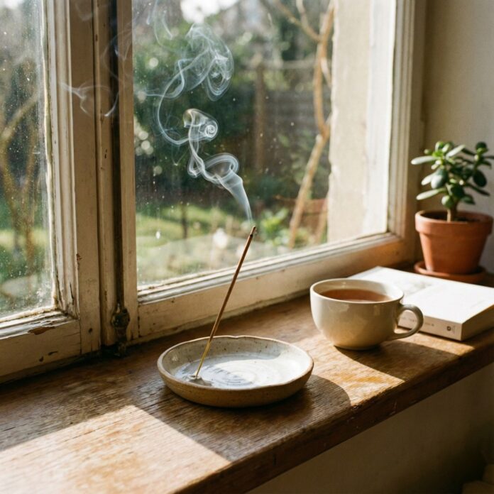 도자기 홀더에 꽂힌 인센스 스틱에서 연기가 피어오르는 모습, 홈 프래그런스와 힐링을 상징하는 이미지