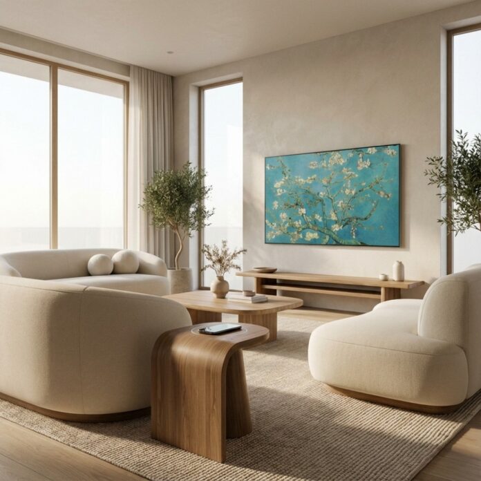 2026년 인비저블 테크가 적용된 따뜻하고 미니멀한 거실 인테리어 전경