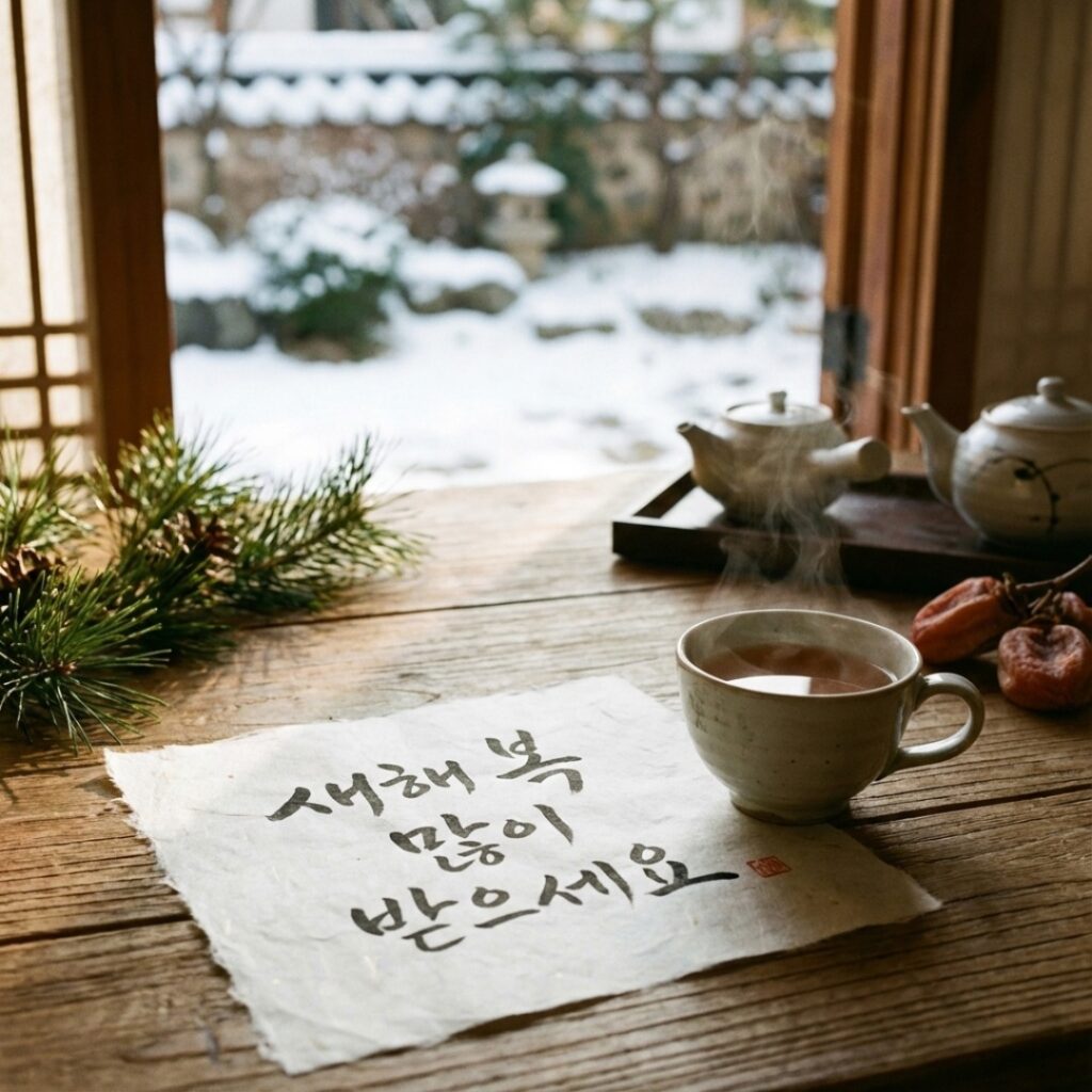 한지에 붓글씨로 정성껏 쓴 새해 인사 문구와 따뜻한 차 한 잔