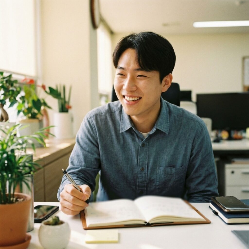 달력을 보며 2026년 연차 휴가 계획을 세우는 행복한 한국 직장인