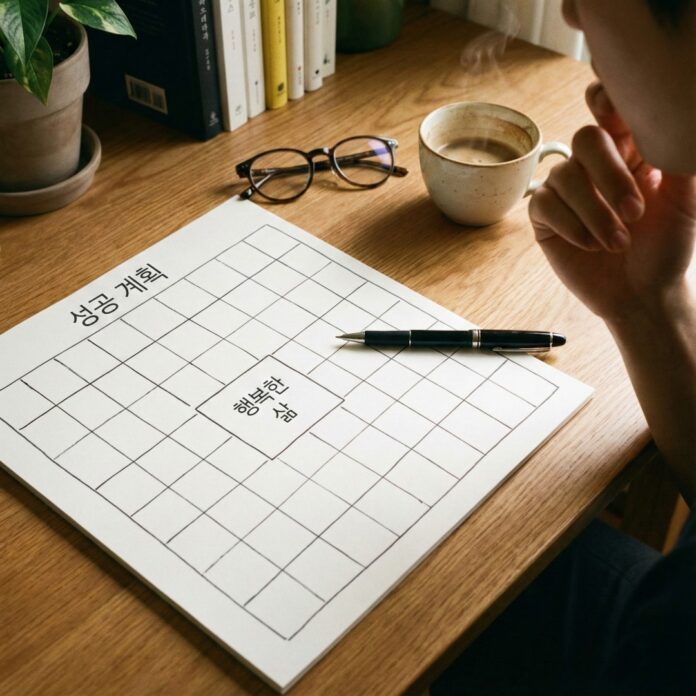 책상 위에 펼쳐진 만다라트 계획표와 필기구, 체계적인 목표 설정과 자기계발을 상징하는 이미지