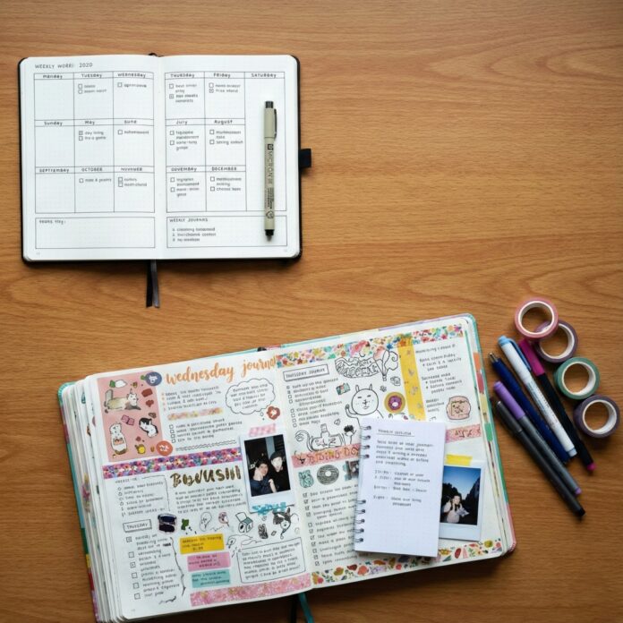 J형의 계획적 플래너와 P형의 자유로운 불렛 저널이 나란히 놓인 모습, MBTI 다이어리 추천을 상징하는 이미지