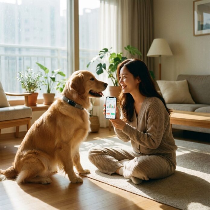 AI 스마트 목줄을 착용한 골든 리트리버의 건강 상태를 스마트폰 앱으로 확인하며 미소 짓는 한국인 여성