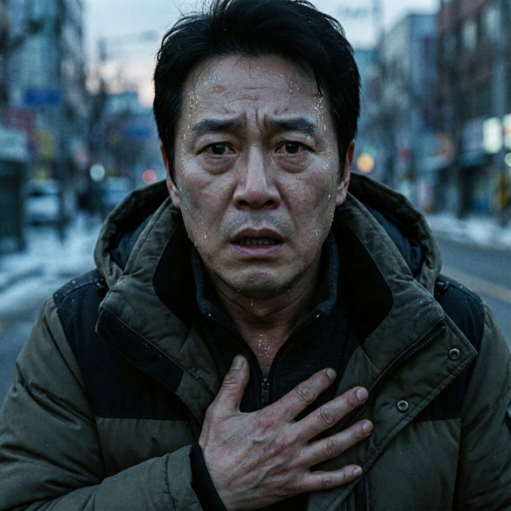 가슴 통증을 느끼며 심근경색 전조증상을 보이는 남성과 119 신고