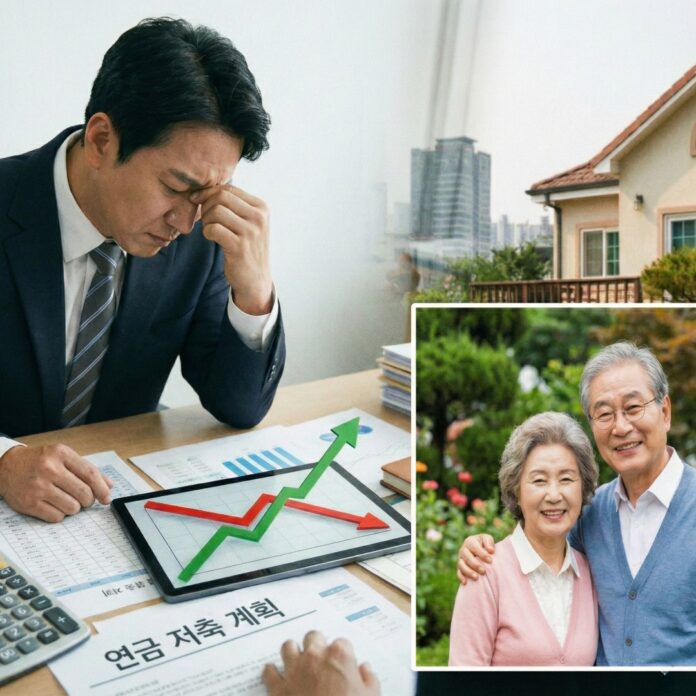 계산기와 연금 증서, 고민하는 직장인의 모습, 국민연금 개혁과 노후 준비의 중요성을 상징하는 이미지