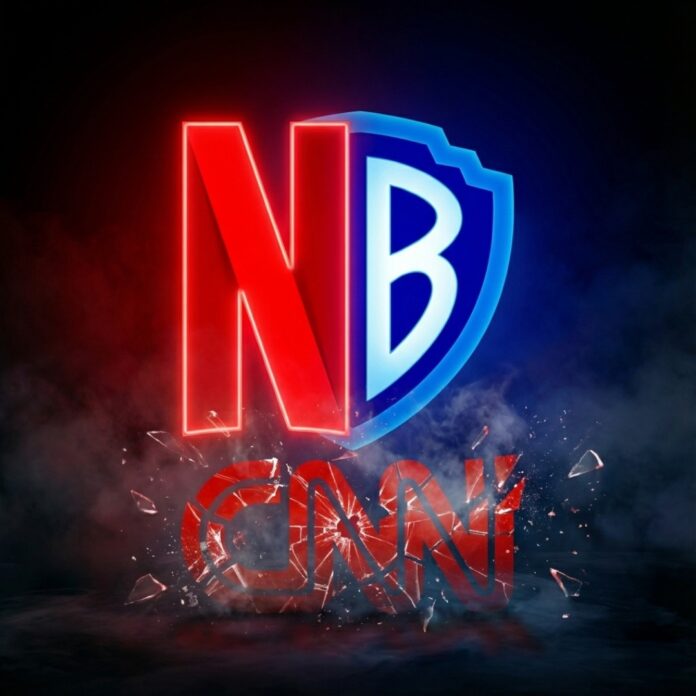 넷플릭스와 워너브라더스 로고가 결합하고 CNN은 제외되는 모습, 미디어 빅딜과 선택과 집중 전략을 상징하는 이미지