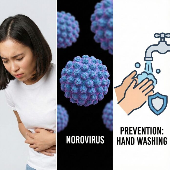 복통을 호소하는 사람과 노로바이러스 입자 일러스트, 겨울철 식중독 위험성과 예방을 상징하는 이미지