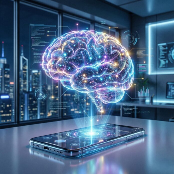 스마트폰 화면에서 AI 홀로그램이 투영되는 모습, 온디바이스 AI 기술과 미래 스마트폰 트렌드를 상징하는 이미지