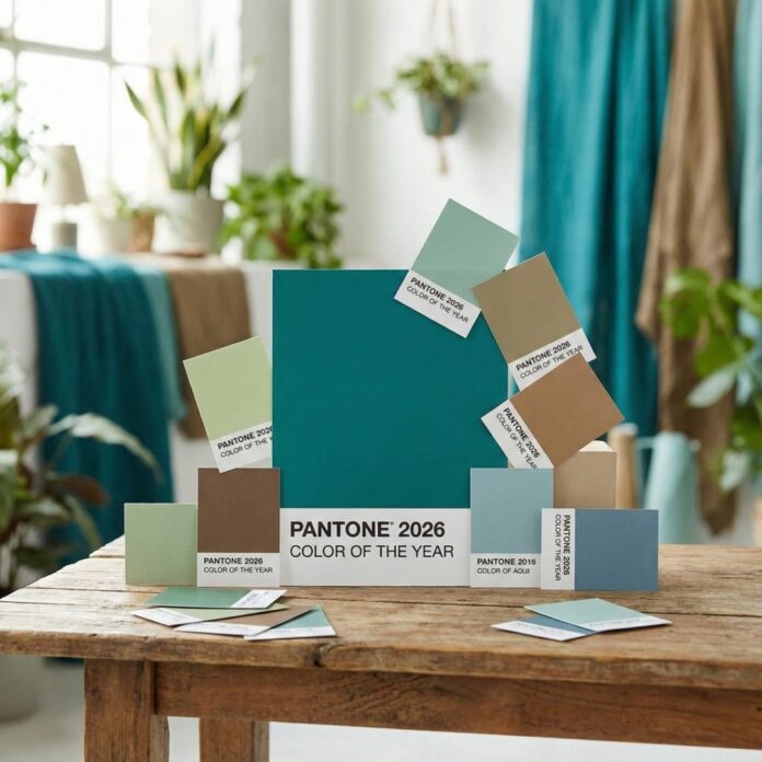 팬톤 컬러 칩과 2026년 트렌드 컬러 팔레트가 배치된 모습, 디자인 트렌드와 올해의 색을 상징하는 이미지