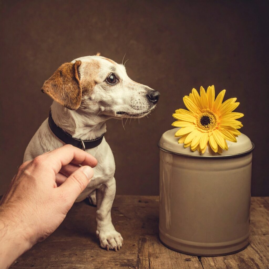 떠난 반려견의 사진을 보며 추억하는 모습, 펫로스 증후군과 애도를 상징