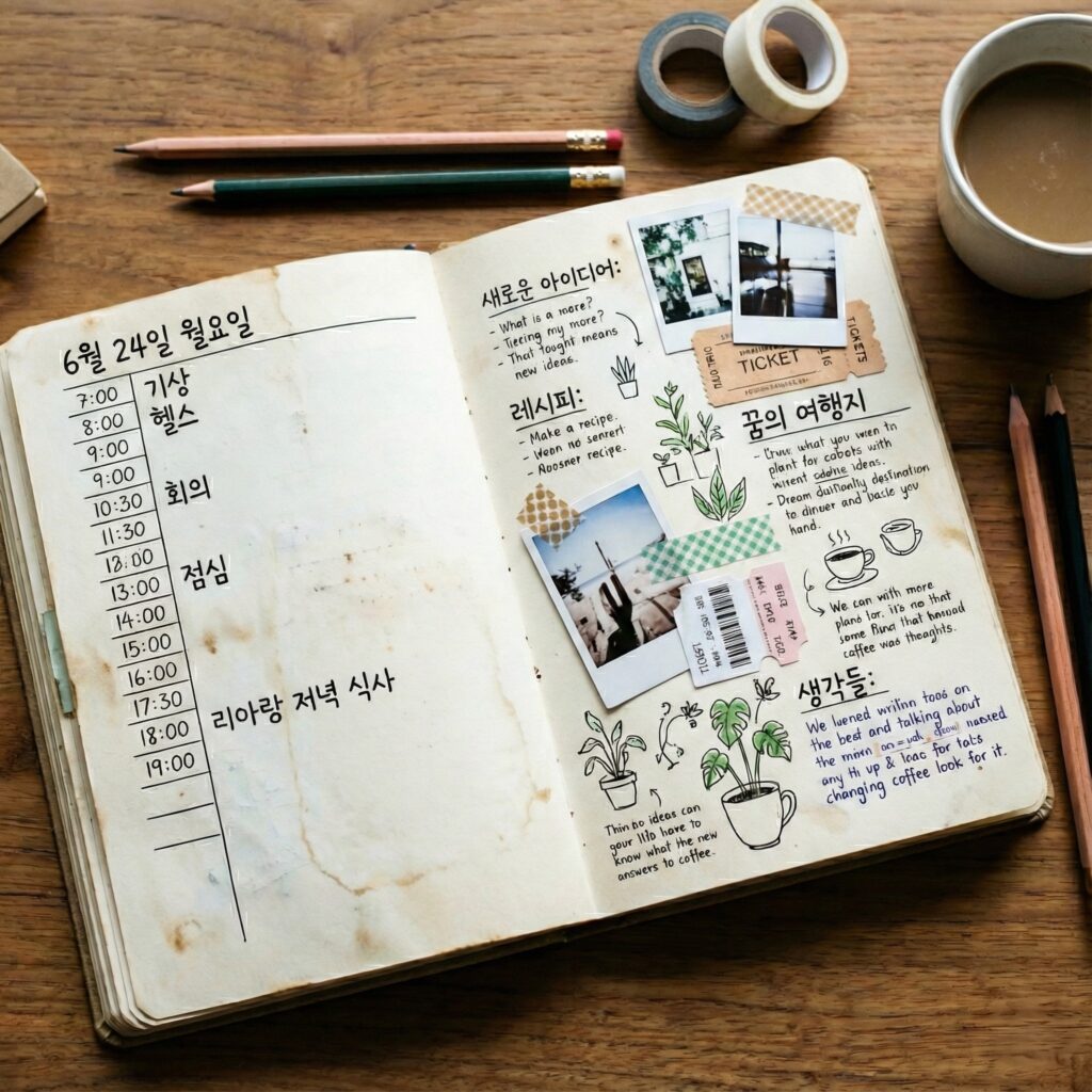 시간표형 다이어리와 자유 메모형 다이어리의 속지 비교 이미지