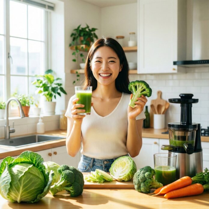 역류성 식도염 예방을 위해 밝은 주방에서 양배추를 손질하는 한국인 여성