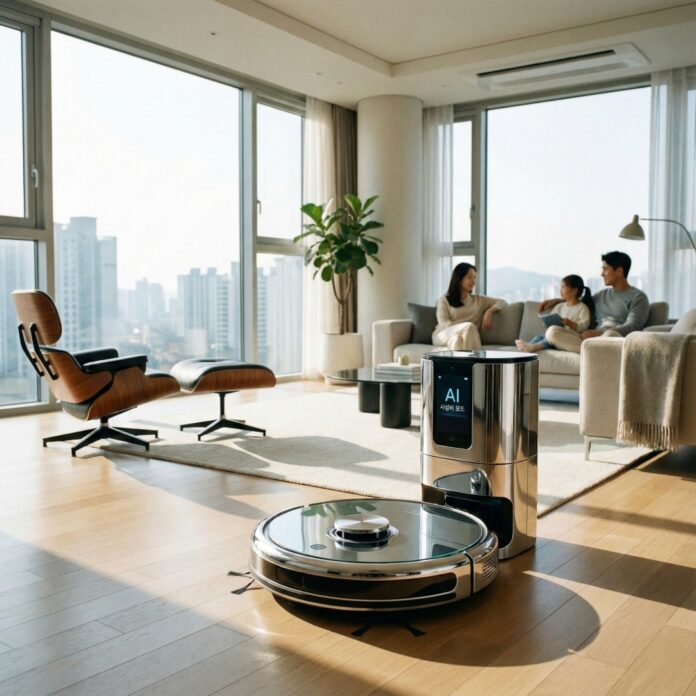 roborock-s8-maxv-cleaning-luxury-livingroom 거실을 청소하는 최신형 로봇청소기, 2025년 시성비 가전 트렌드를 상징