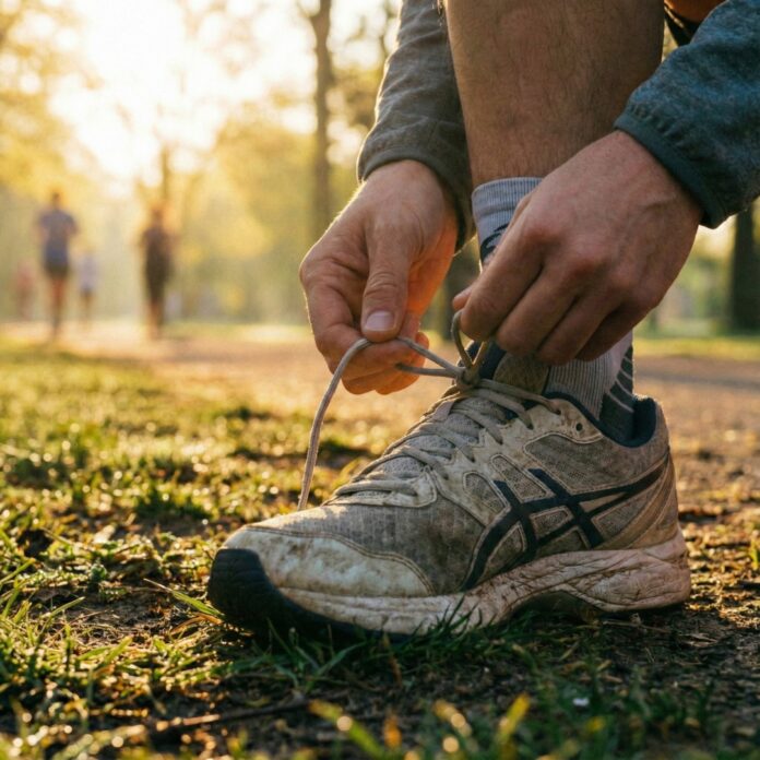 running-shoes-park-jogging-beginner 공원에서 러닝화 끈을 묶으며 달리기 준비를 하는 모습, 건강한 러닝 습관과 운동 시작을 상징하는 이미지