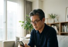 “가만히 있다가 보험료 폭탄?” 2026년 달라지는 건강보험 피부양자 자격 기준과 대처법 거실에서 심각한 표정으로 스마트폰 건강보험 앱을 확인하며 자산 현황을 점검하는 60대 한국인 남성